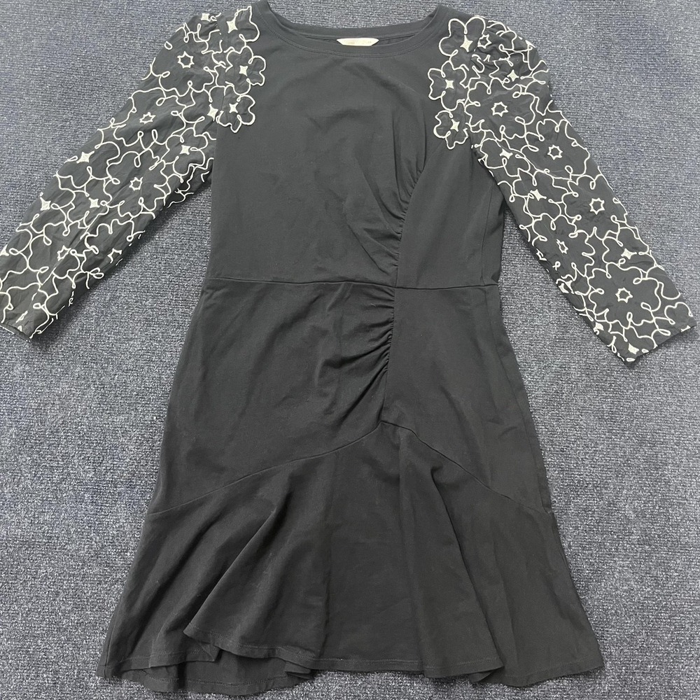 Rebecca Taylor Dress Womens 8 Black Floral Embroidered 3/4 Sleeve Ruched Flounce